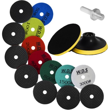 Zestaw tarcz diamentowych gradacja 50 - 3000, adapter M12, dysk, rękawiczki WDS2212